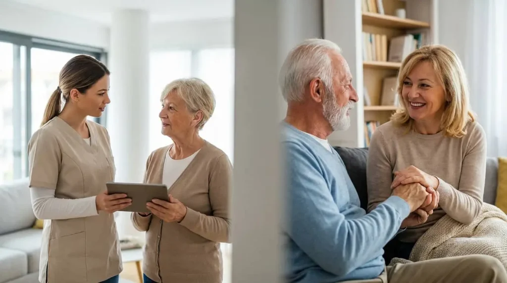 senior i seniorka z opiekunami