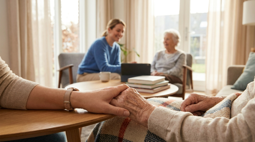 opiekunka i seniorka uśmiechnięte